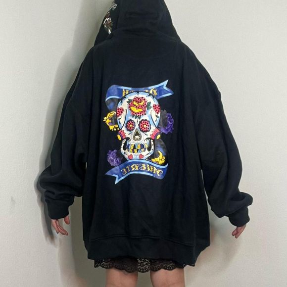 super rare vtg NWT Johnny Blaze death / muerte rhinestone full zip hoodie - Picture 4 of 4